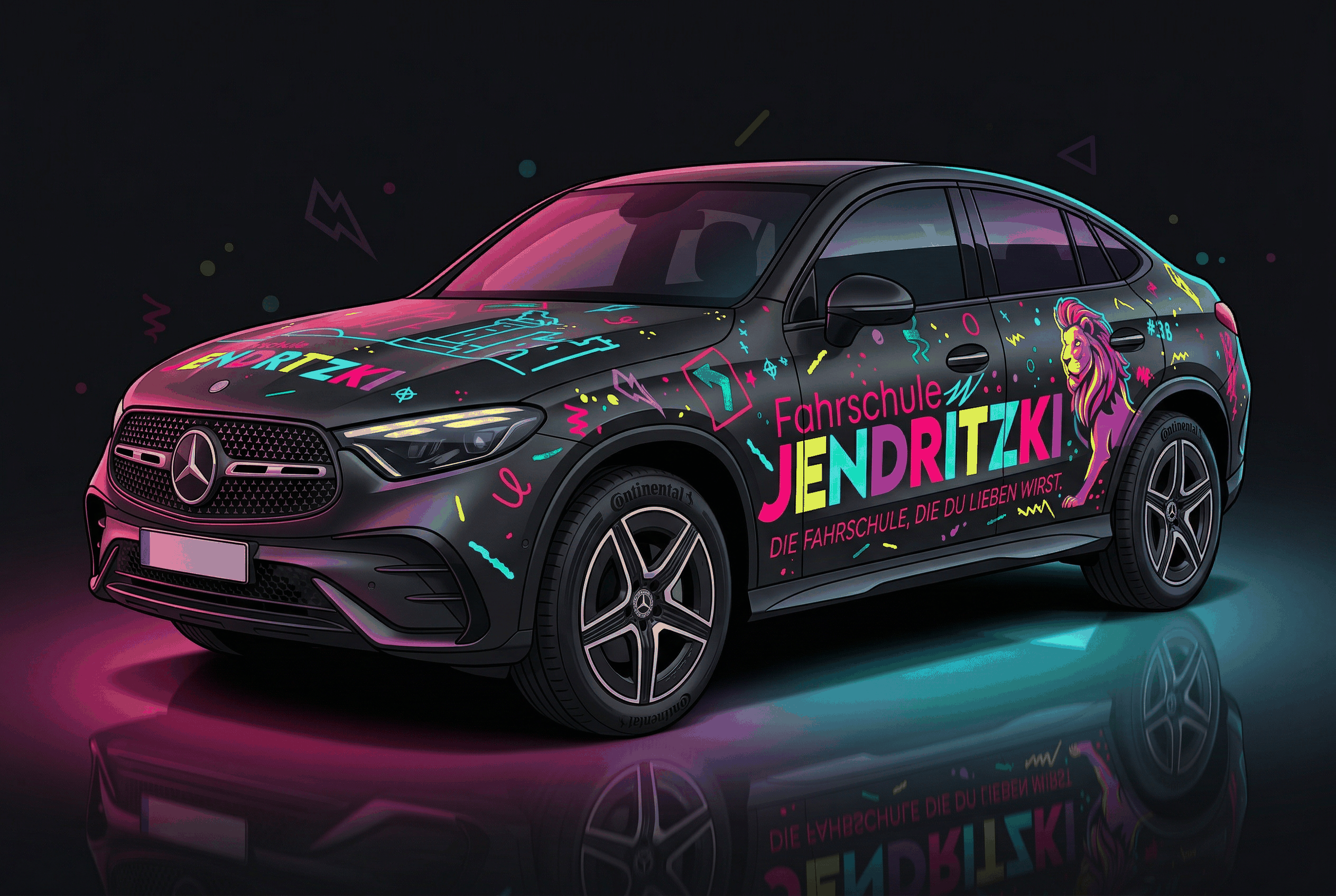 Mercedes GLC Fahrschulauto mit Jendritzki Neon-Branding